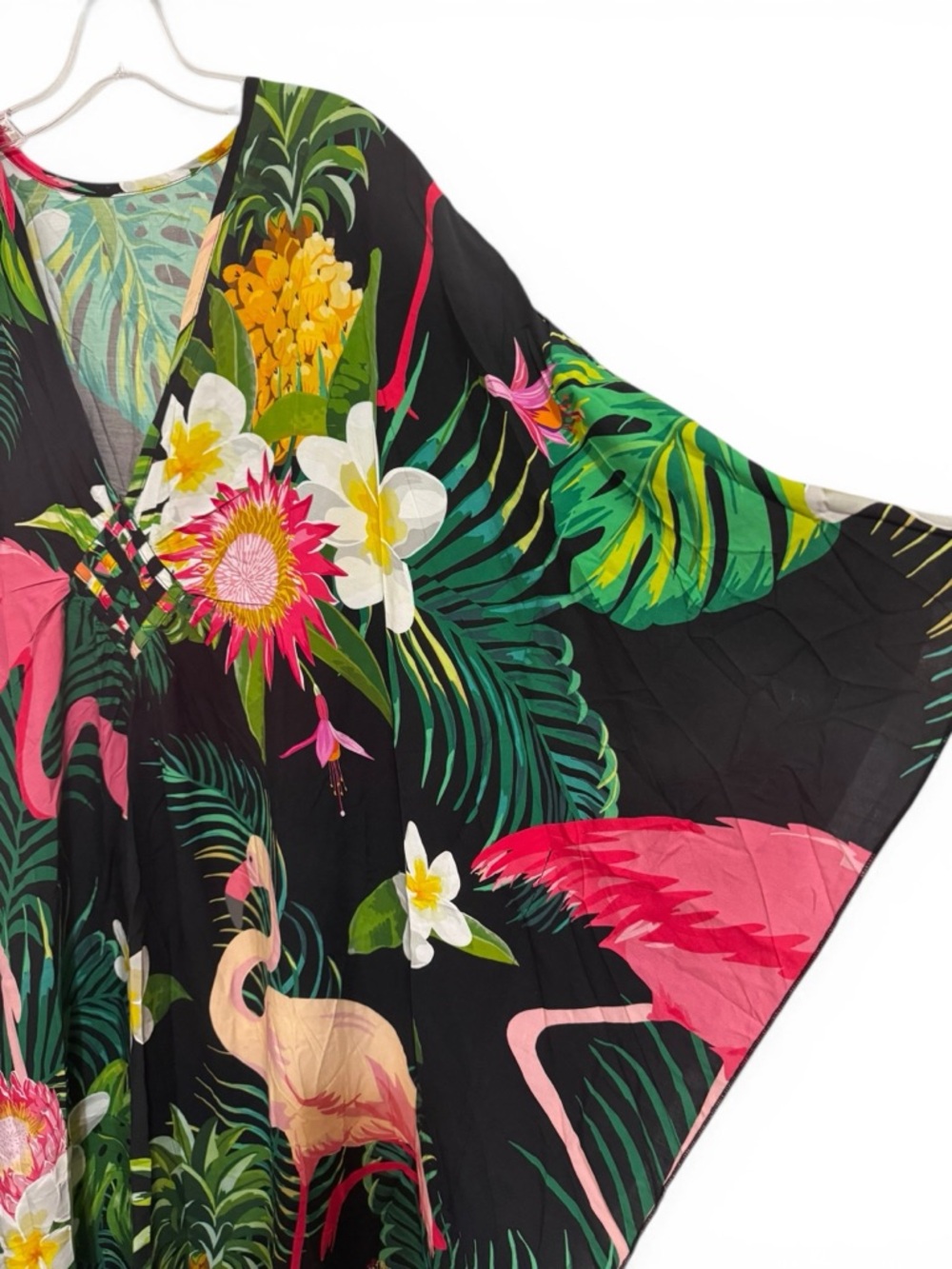 Kaftan Tropical Flamingo Black Maxi Dress V-Neck Diamond Weave Detail One Size - Picture 4 of 10